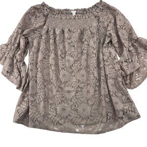 Cato Womens Lace Blouse size large Floral Pattern Taupe Loose Fit